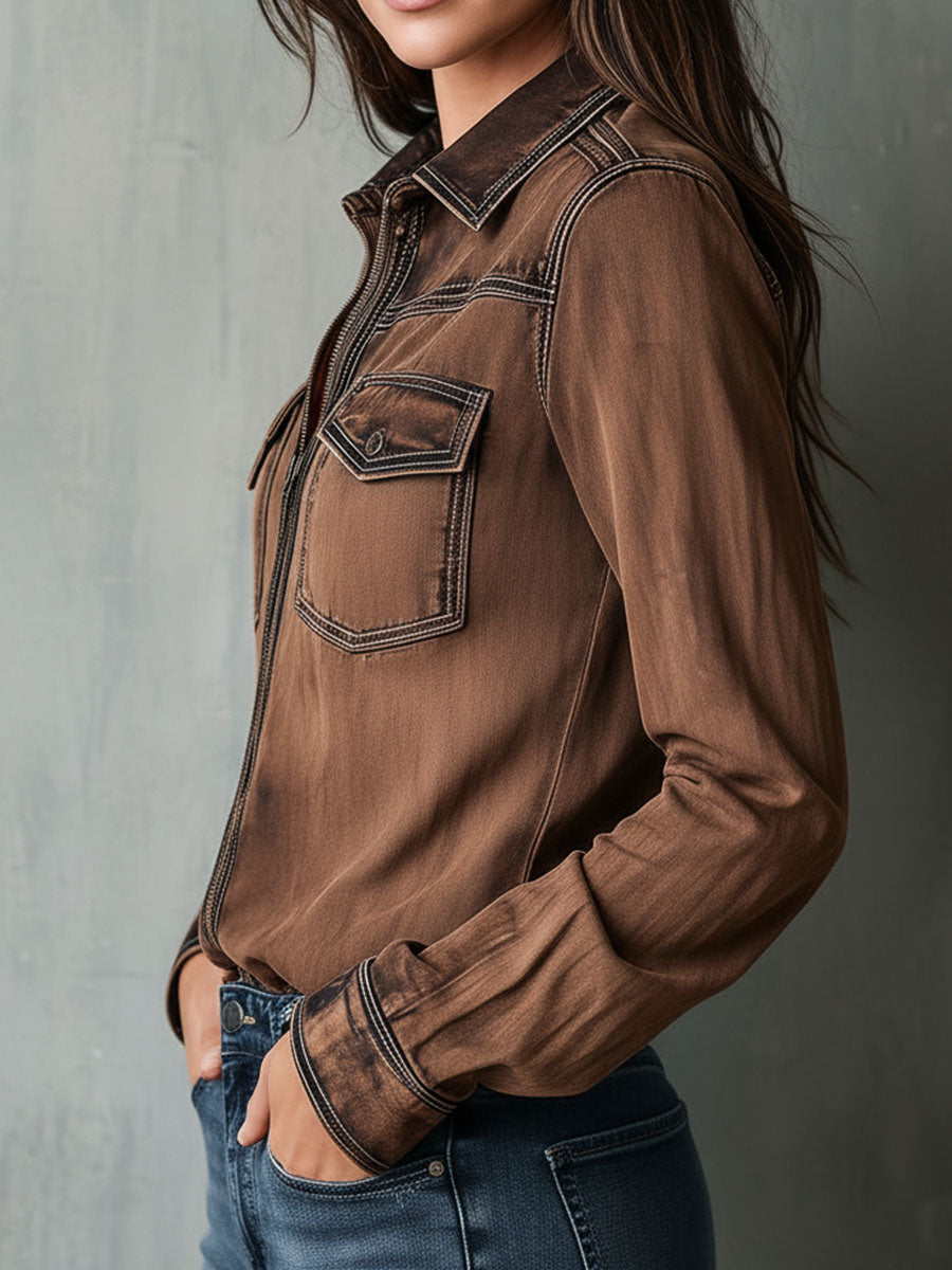 Hildra™ | Vintage Washed Contrast Stitching Utility Zip Shirt Jacket