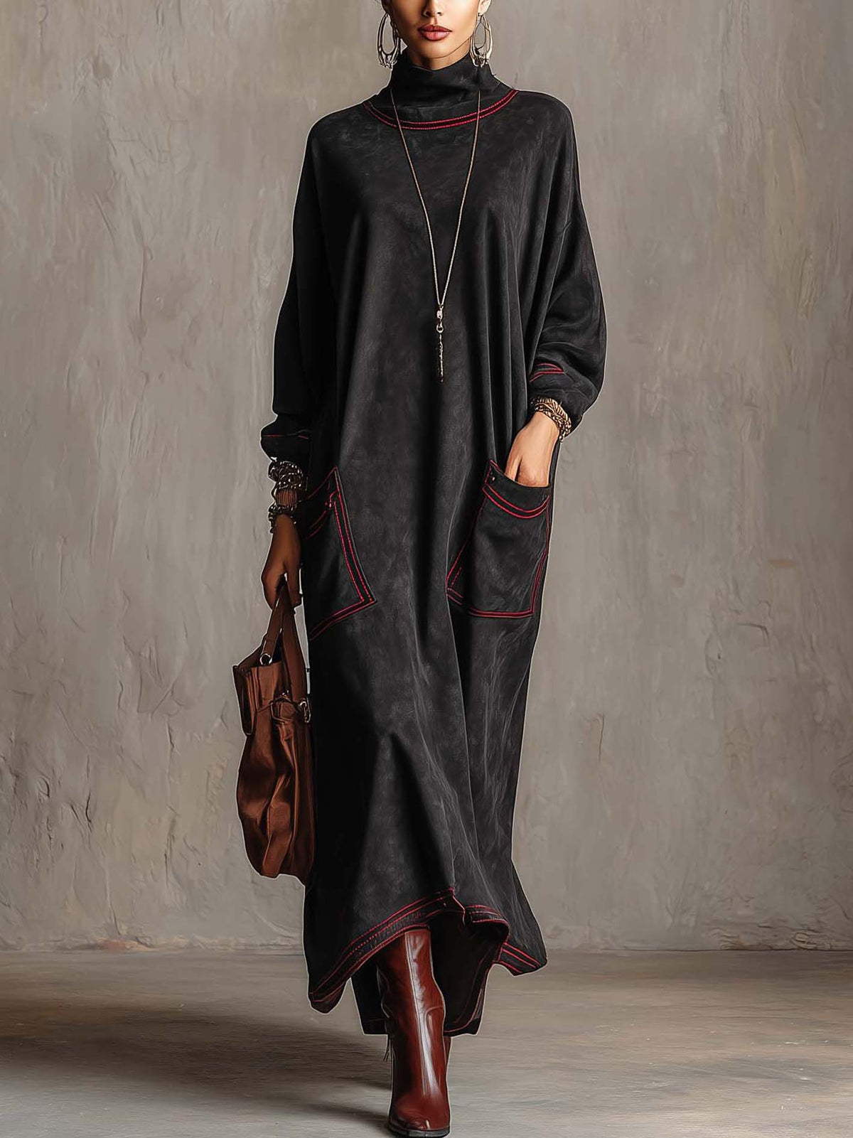 Ilsa™ | Contrast-Stitched Maxi Dress with Patch Pockets