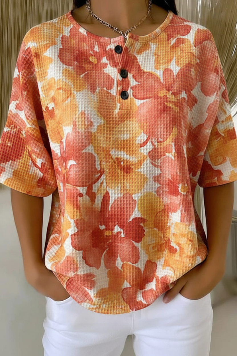 Beatrix™ | Bold Floral Print Henley Short Sleeve Top