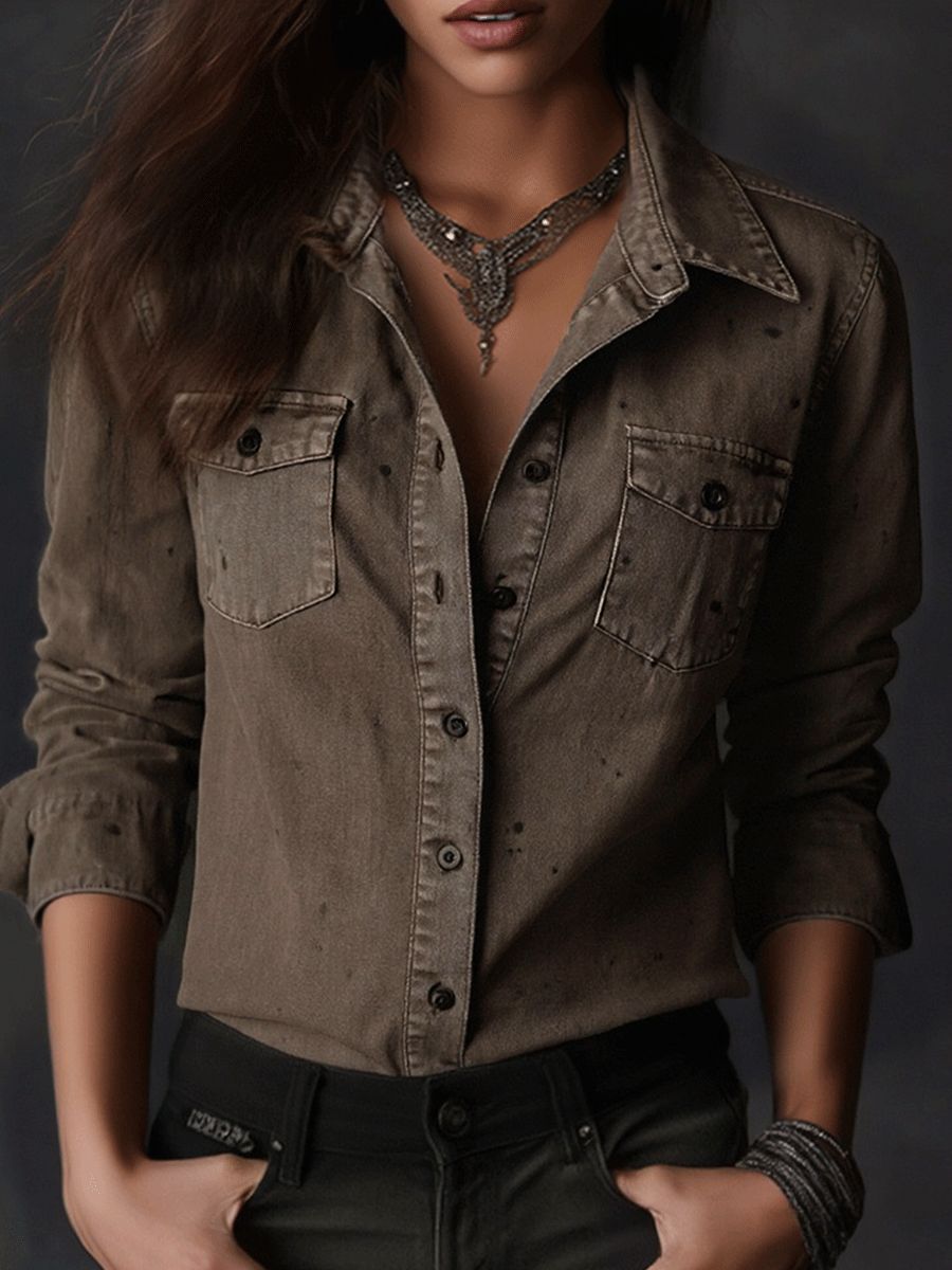 Lucinda™ | Vintage Washed Taupe Western Slim Fit Button-Down Shirt