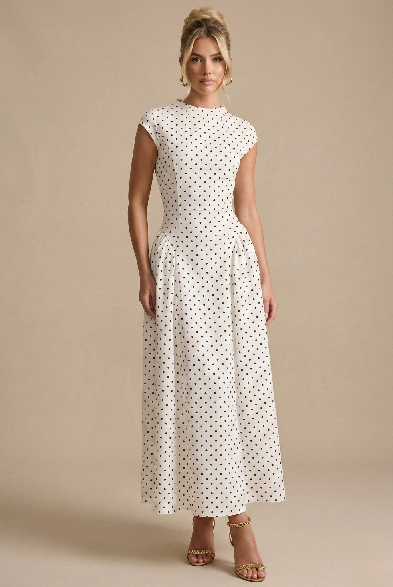 Dorienne™ | Polka Dot Maxi Dress - High Neck Cap Sleeve - Full Skirt
