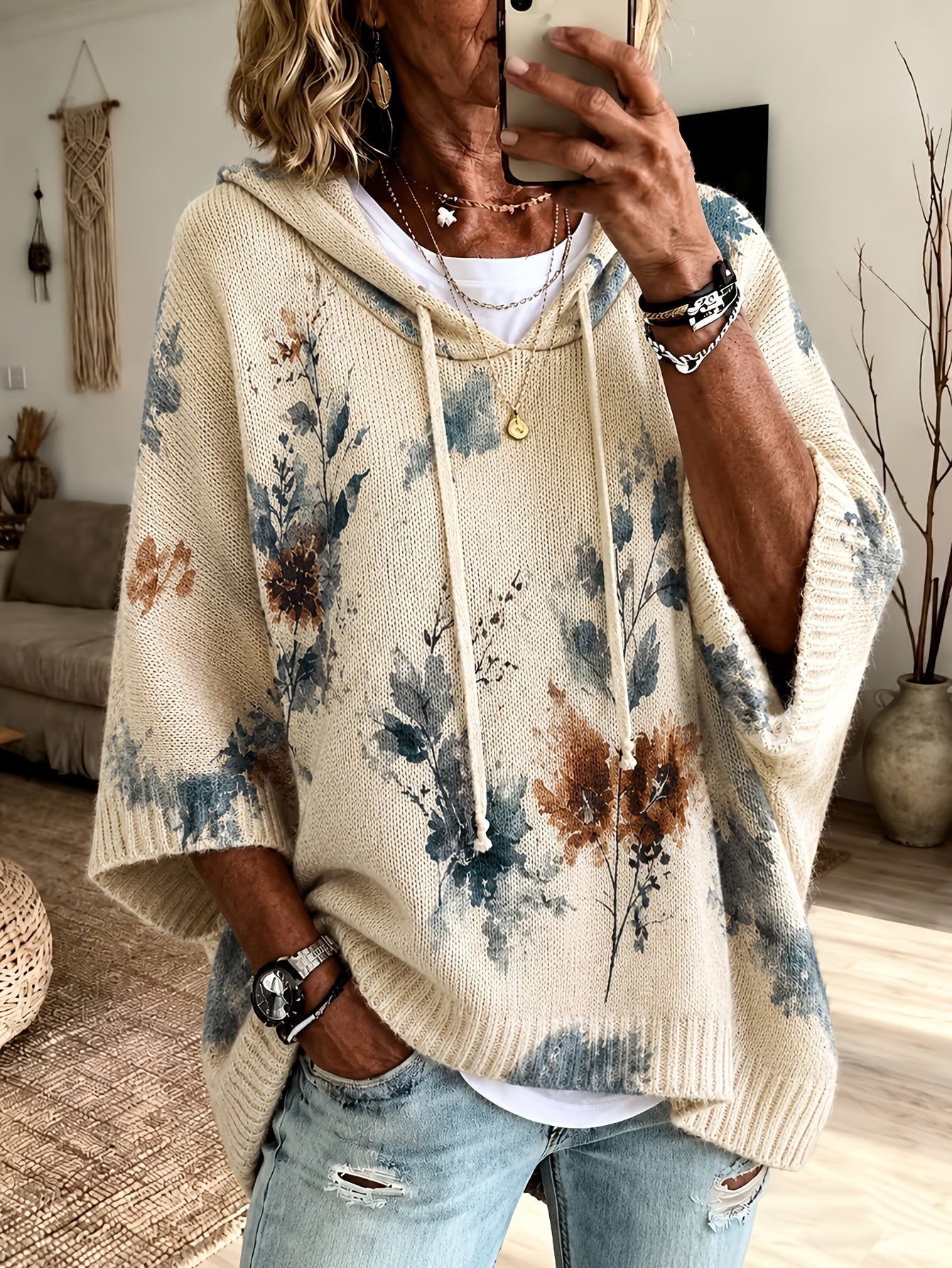 Nadia™ | Floral Hooded Cape Sweater
