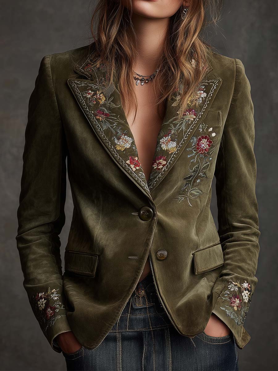Edalvine™ | Olive Green Floral Embroidered Blazer
