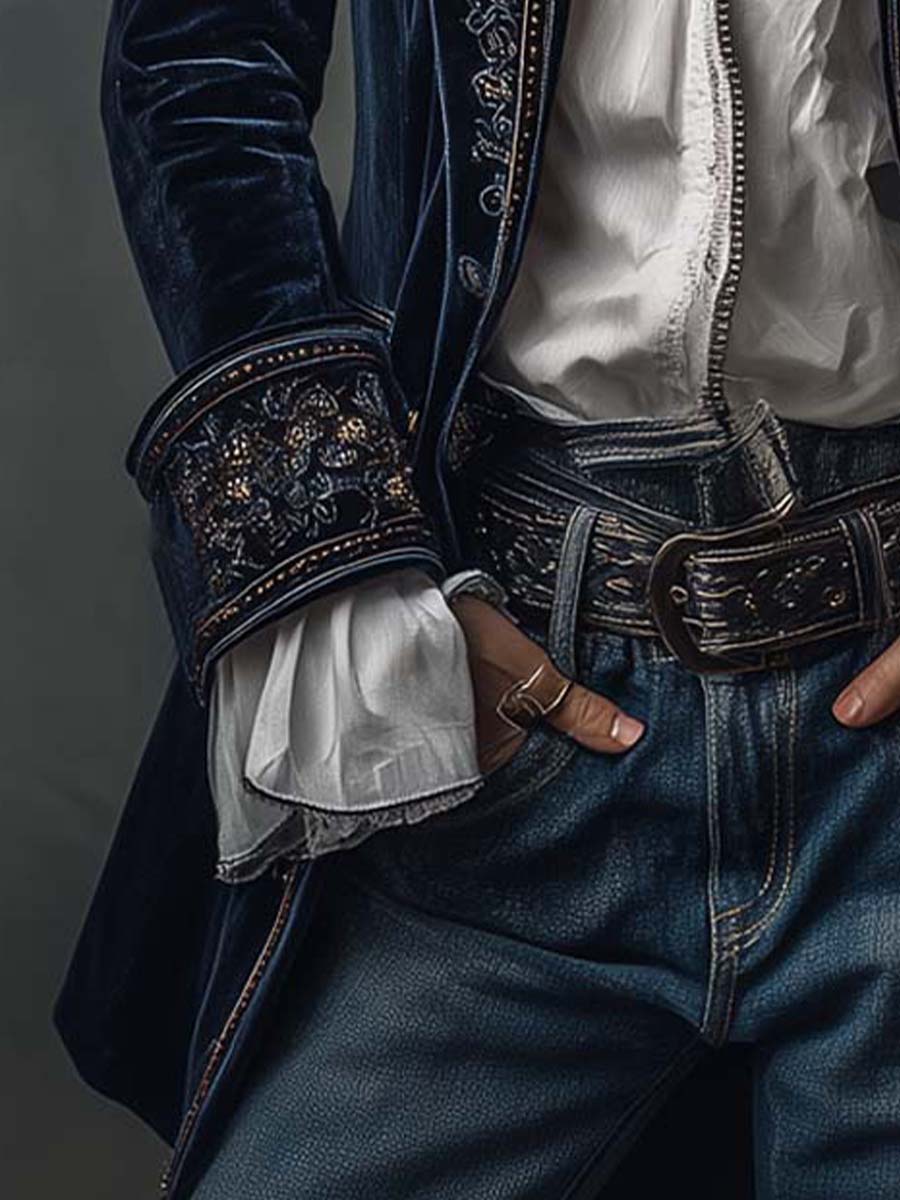 Vadrienne™ | Vintage Navy Embroidered Longline Jacket