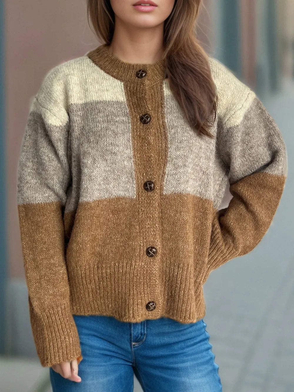 Elowyn™ | Color Block Round Neck Button-Up Cardigan