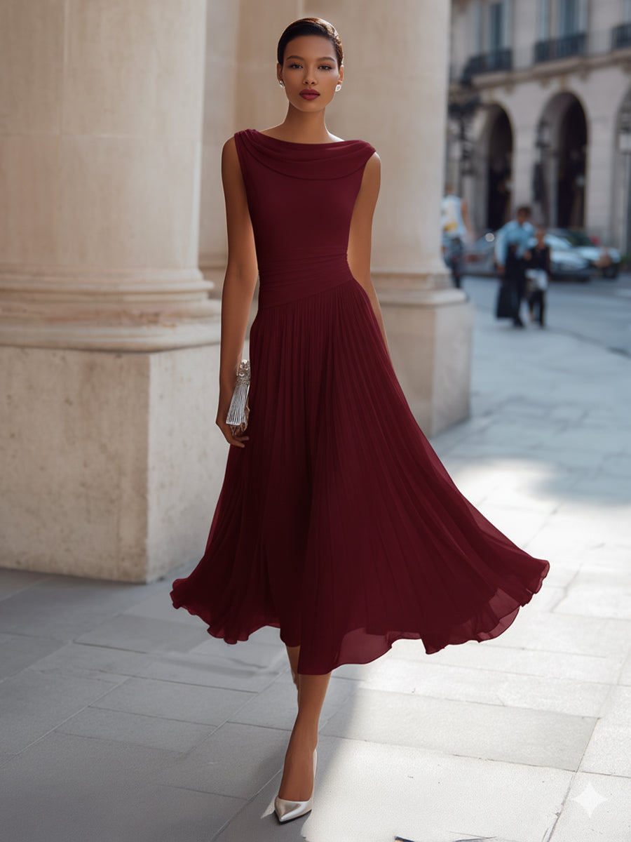 Kathleen™ | Draped Neckline Pleated Sleeveless Midi Dress