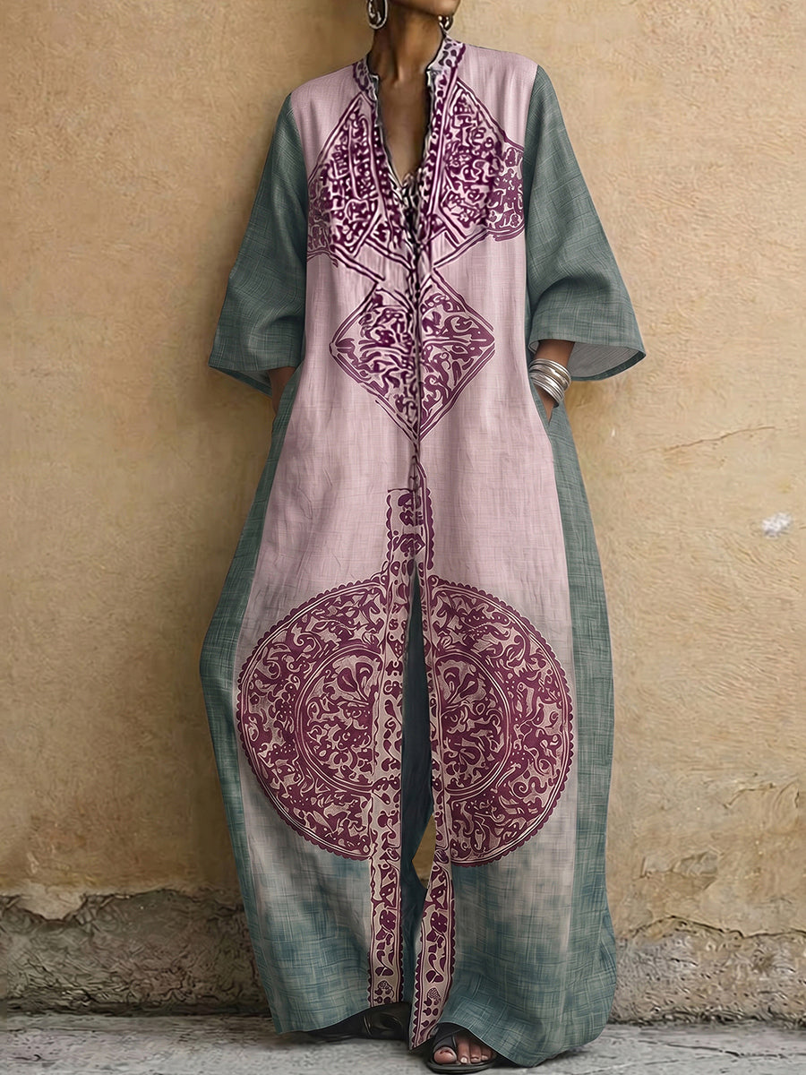 Romilda™ | Loose Three-Quarter Sleeve Contrast Color Ethnic Printed Pockets V-Neck Jumpsuit