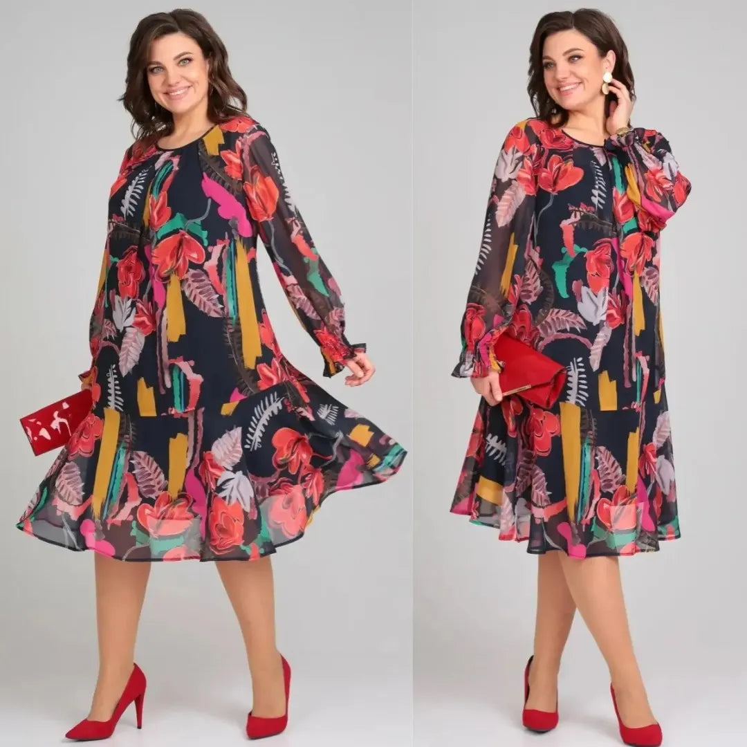 Helena™ | Bold Floral Print Long-Sleeve Midi Dress