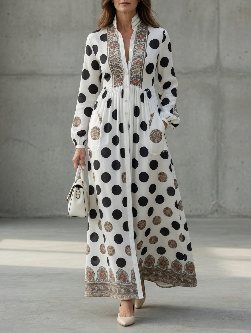 Tatiana™ | Polka Dot Ornate Trim Button-Front Maxi Dress