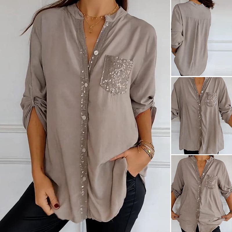 Lucette™ | Sequin Trim Button-Up Shirt