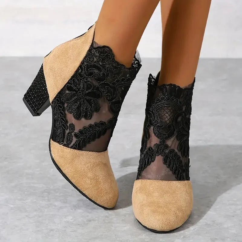 Hazel™ | Lace Embroidered Ankle Bootie Heel