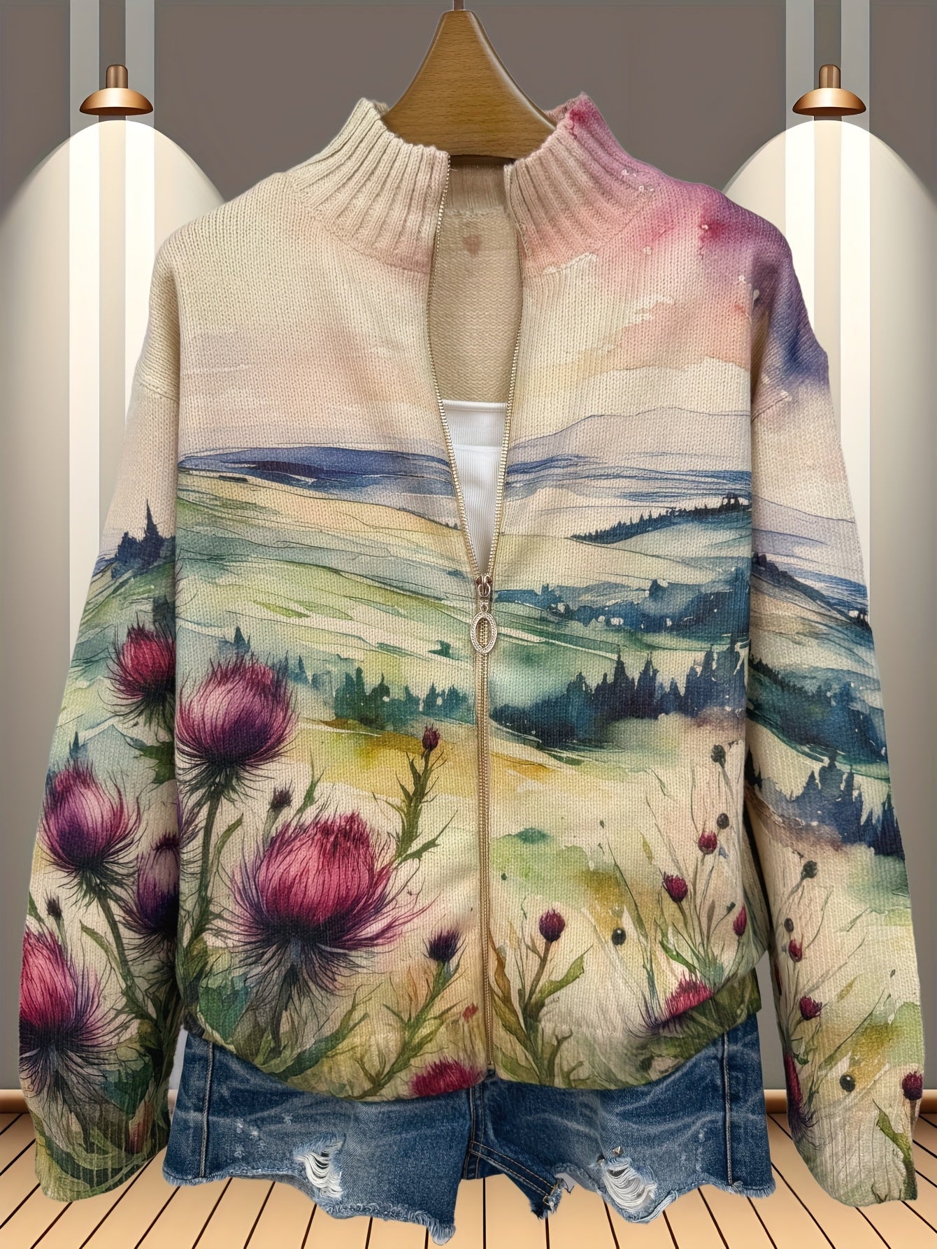 Zelda™ | Scottish Thistle Landscape Zip Cardigan