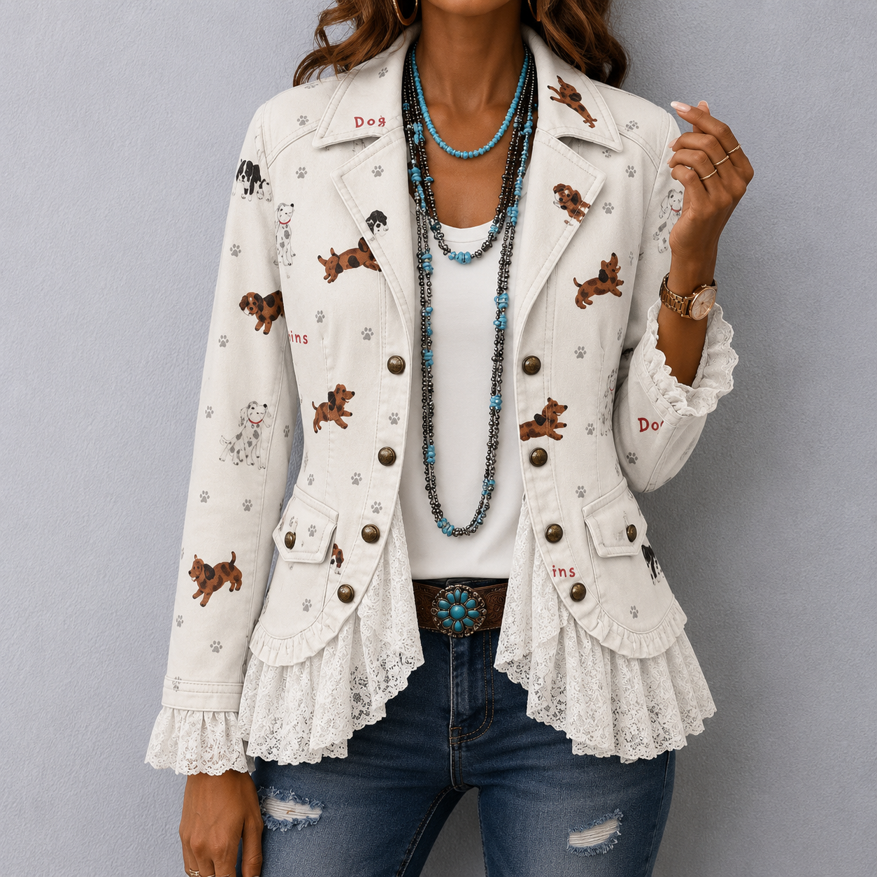 Fernsby™ | Playful Dog Print Lace Patch Jacket