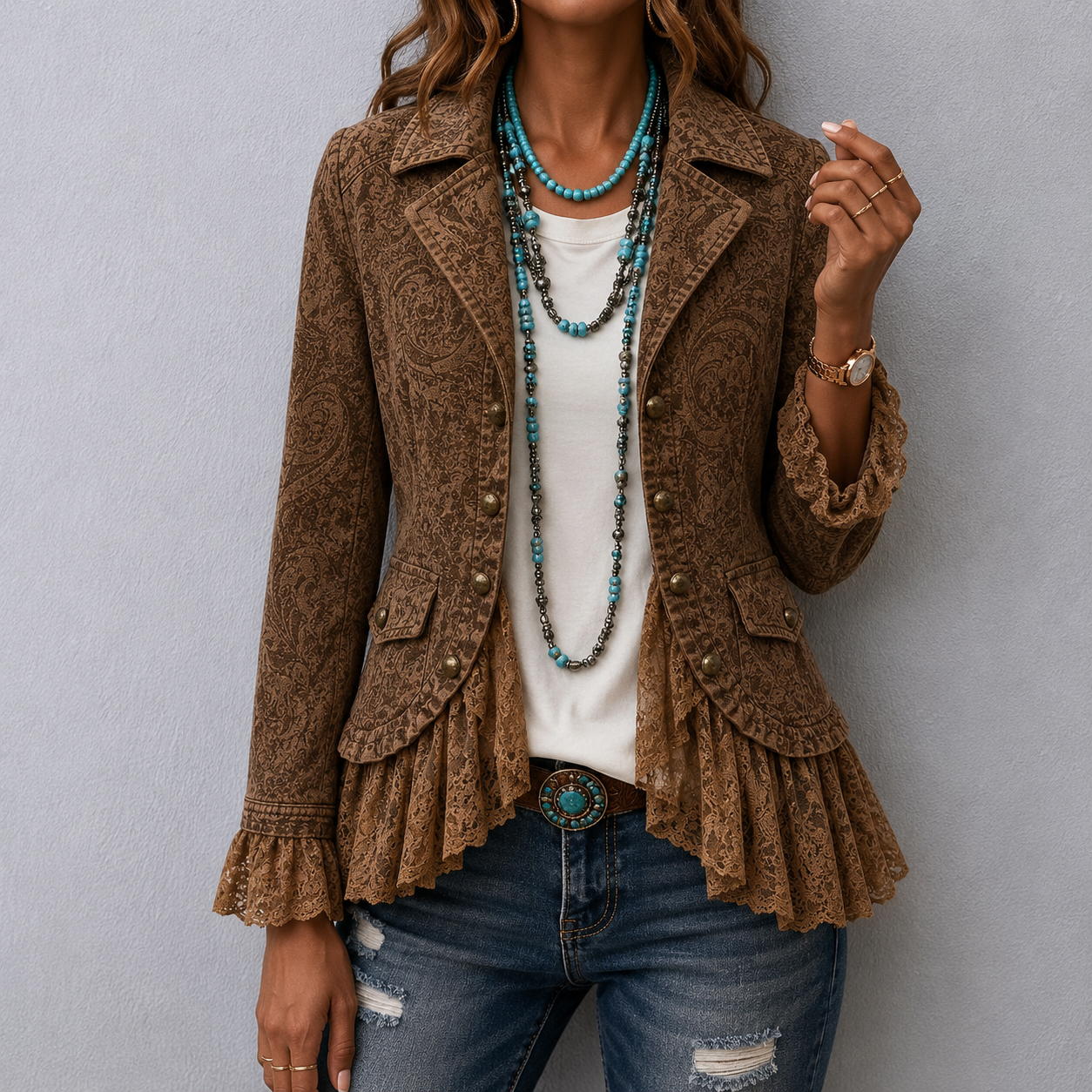 Corvelle™ | Vintage Paisley Embossed Ruffled Trim Jacket
