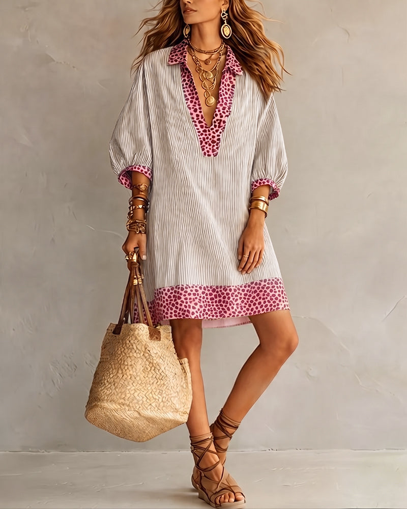 Roxana™ | Leopard Print Panel Puff Sleeve Striped Shirt Dress