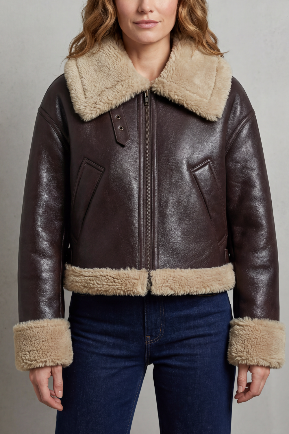 Women's Double-sided Fleece Cropped Aviator Jacket