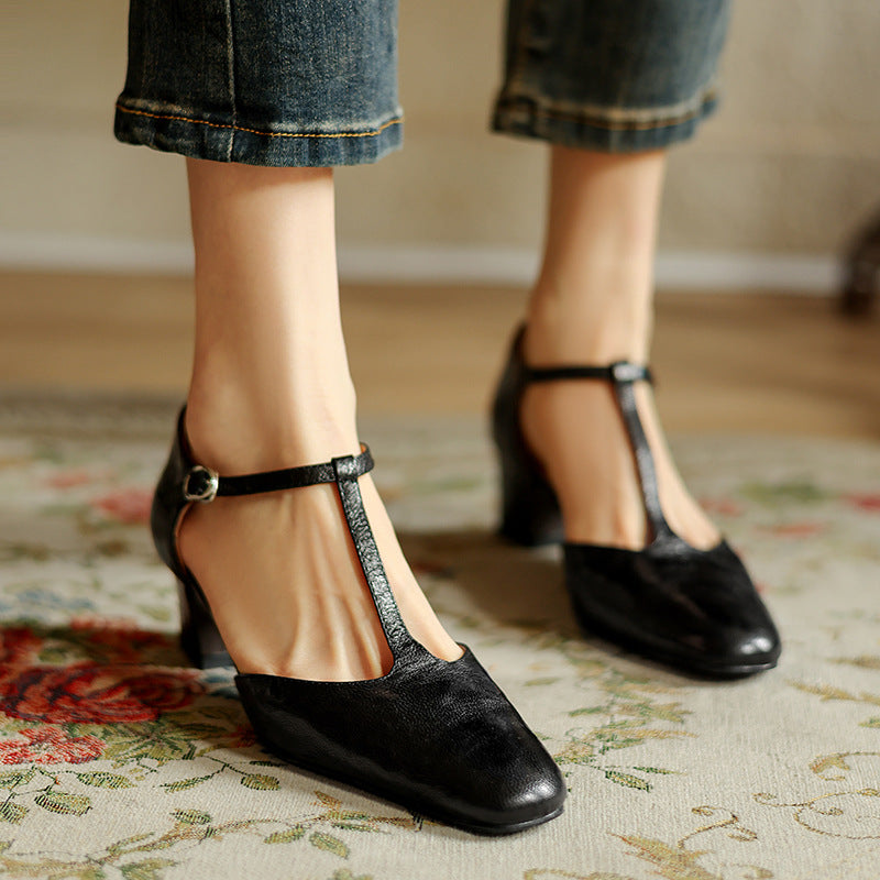 Women's Leather T-Strap Heels