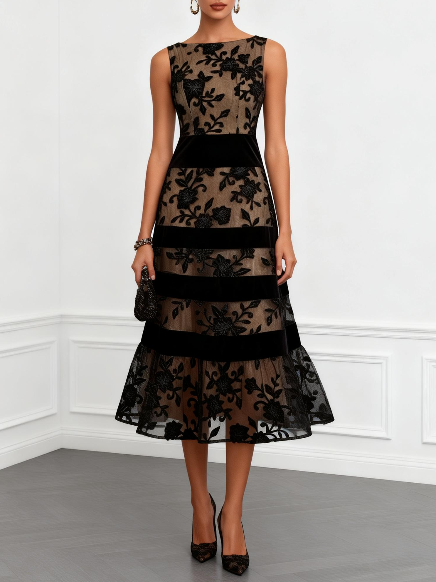 Nivara™ | Floral Sleeveless A-Line Midi Dress