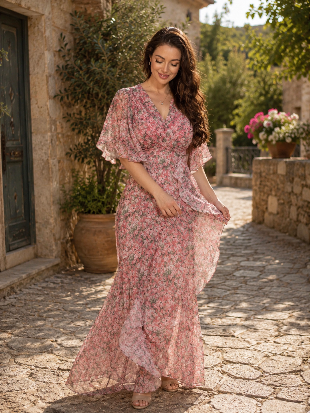 Lucinda™ | Floral Wrap Maxi Dress with Flutter Sleeves