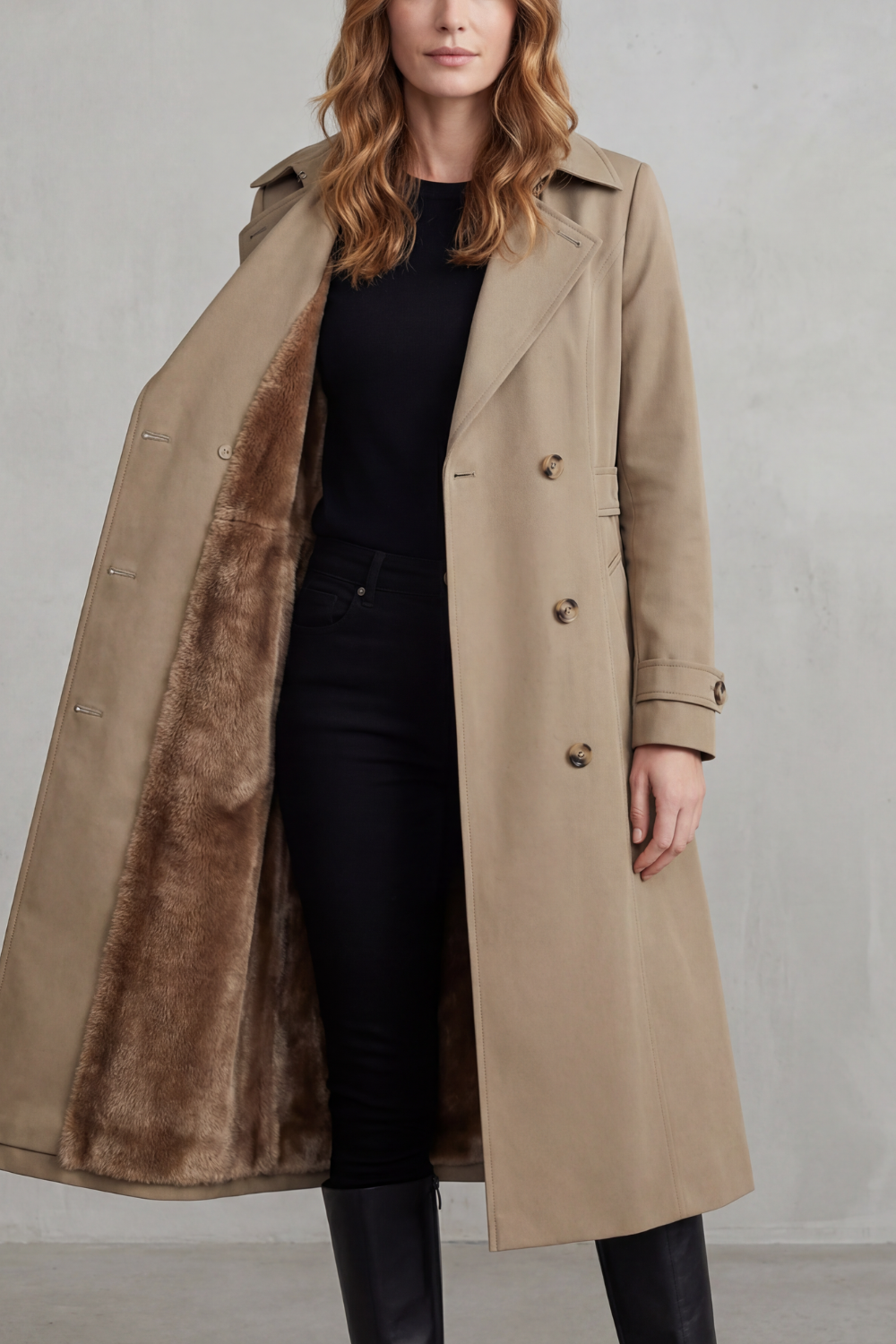 Women's Faux Fur-lined Trench Double-breasted Winter Coat