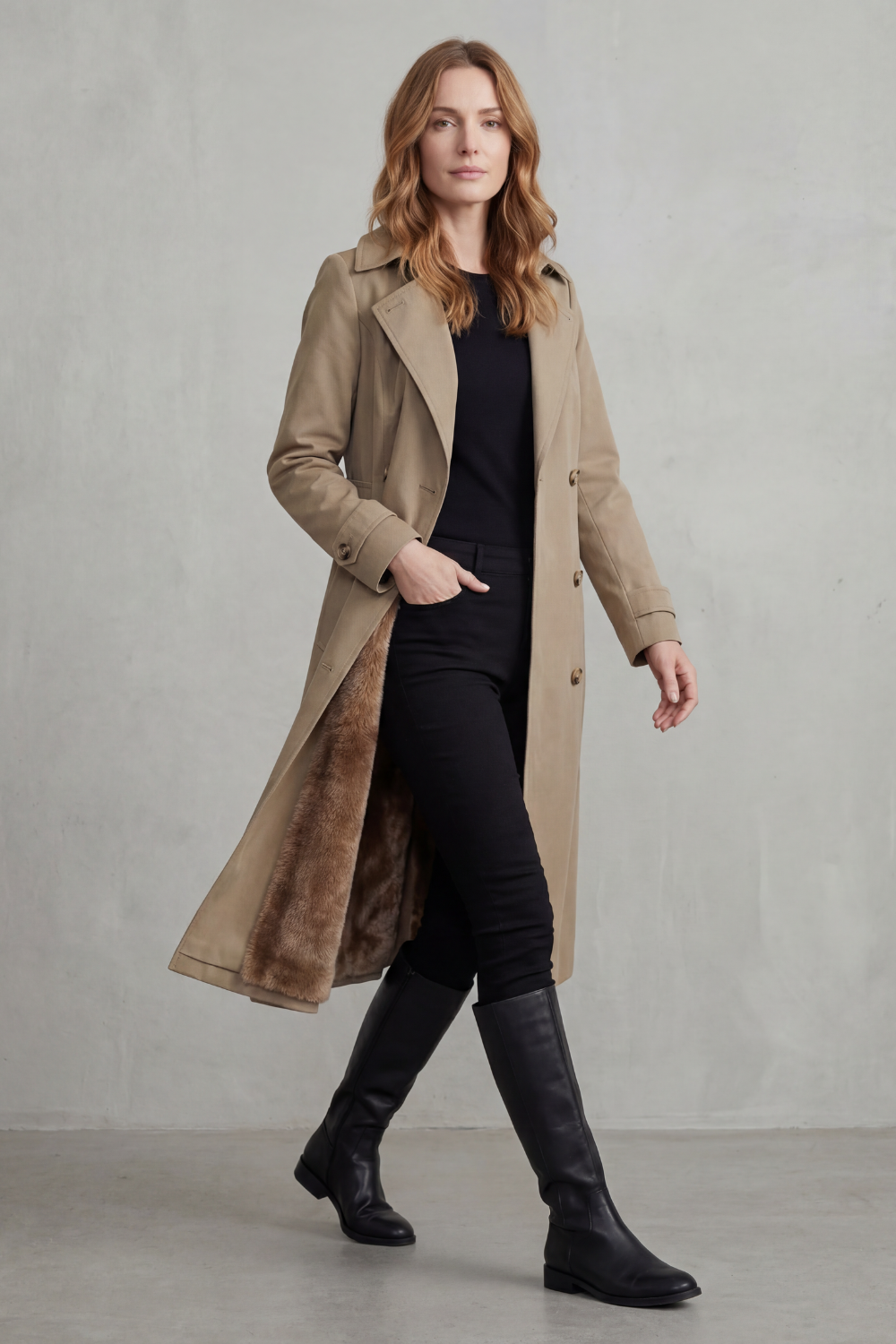 Women's Faux Fur-lined Trench Double-breasted Winter Coat