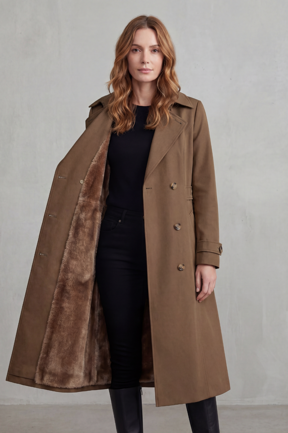 Women's Faux Fur-lined Trench Double-breasted Winter Coat