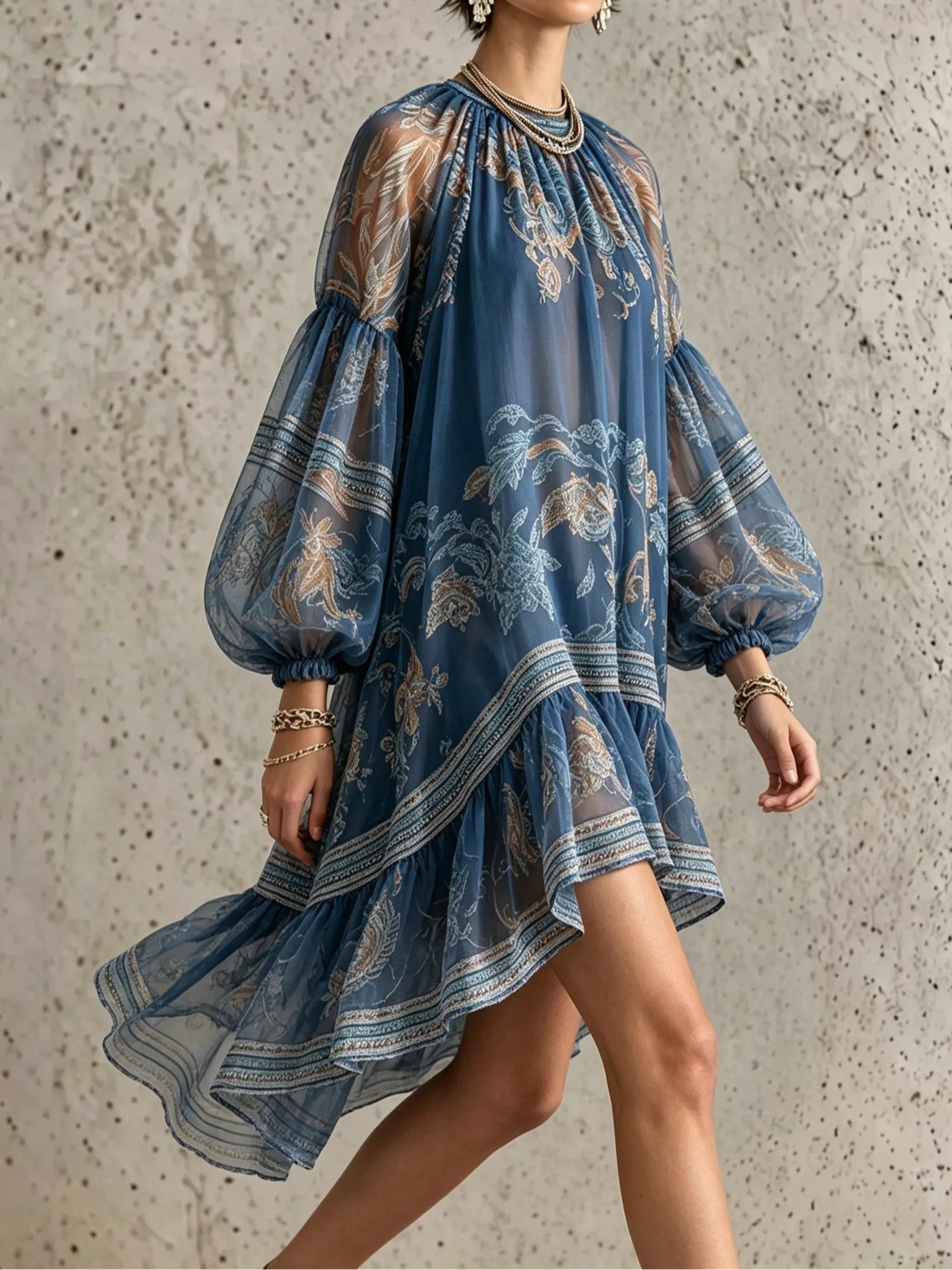 Orvana™ | Vintage Elegant Printed Long-Sleeve Loose Mini Dress