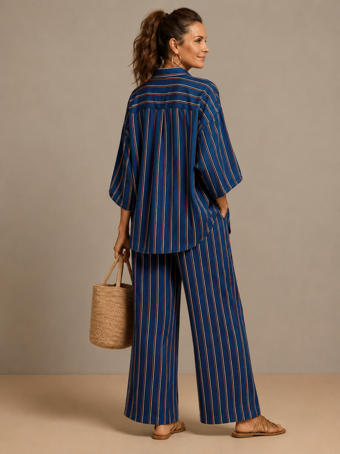 Brindley™ | Striped Fish-Print Shirt & Wide-Leg Pants Set