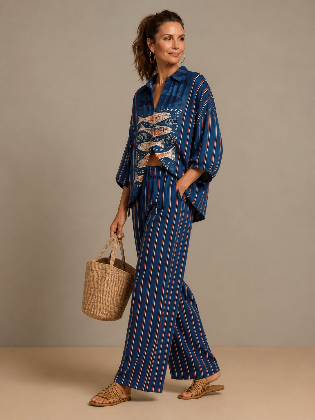 Brindley™ | Striped Fish-Print Shirt & Wide-Leg Pants Set