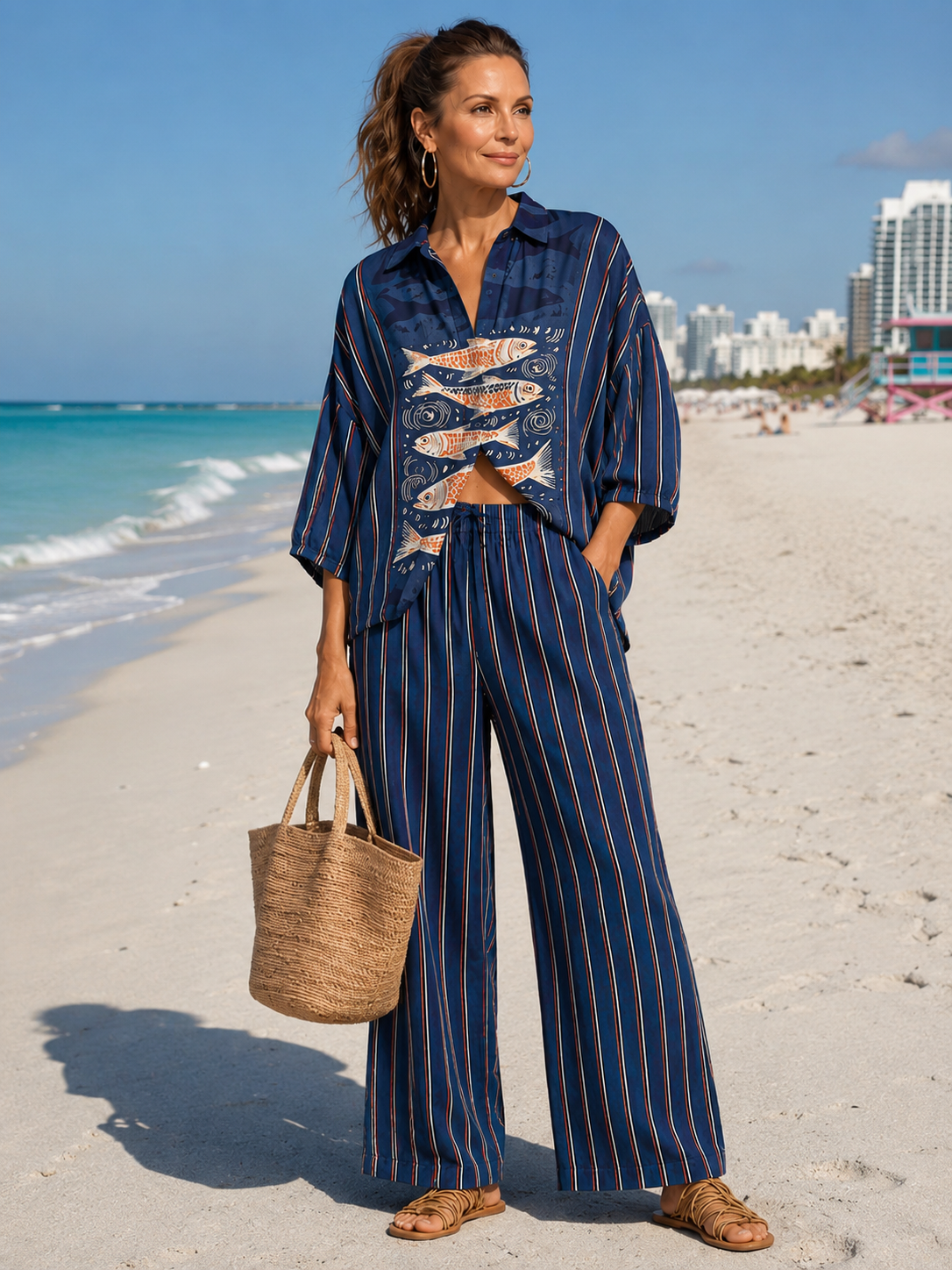 Brindley™ | Striped Fish-Print Shirt & Wide-Leg Pants Set