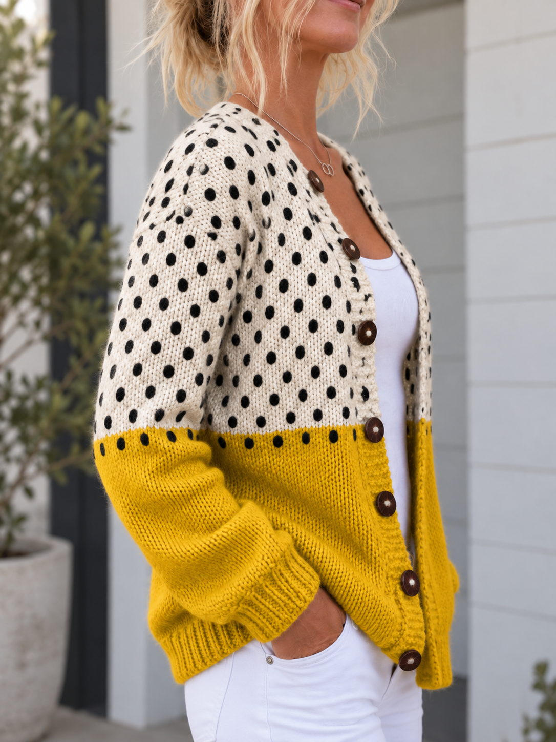 Ruvaine™ | Polka Dot Color Block Buttoned Cardigan