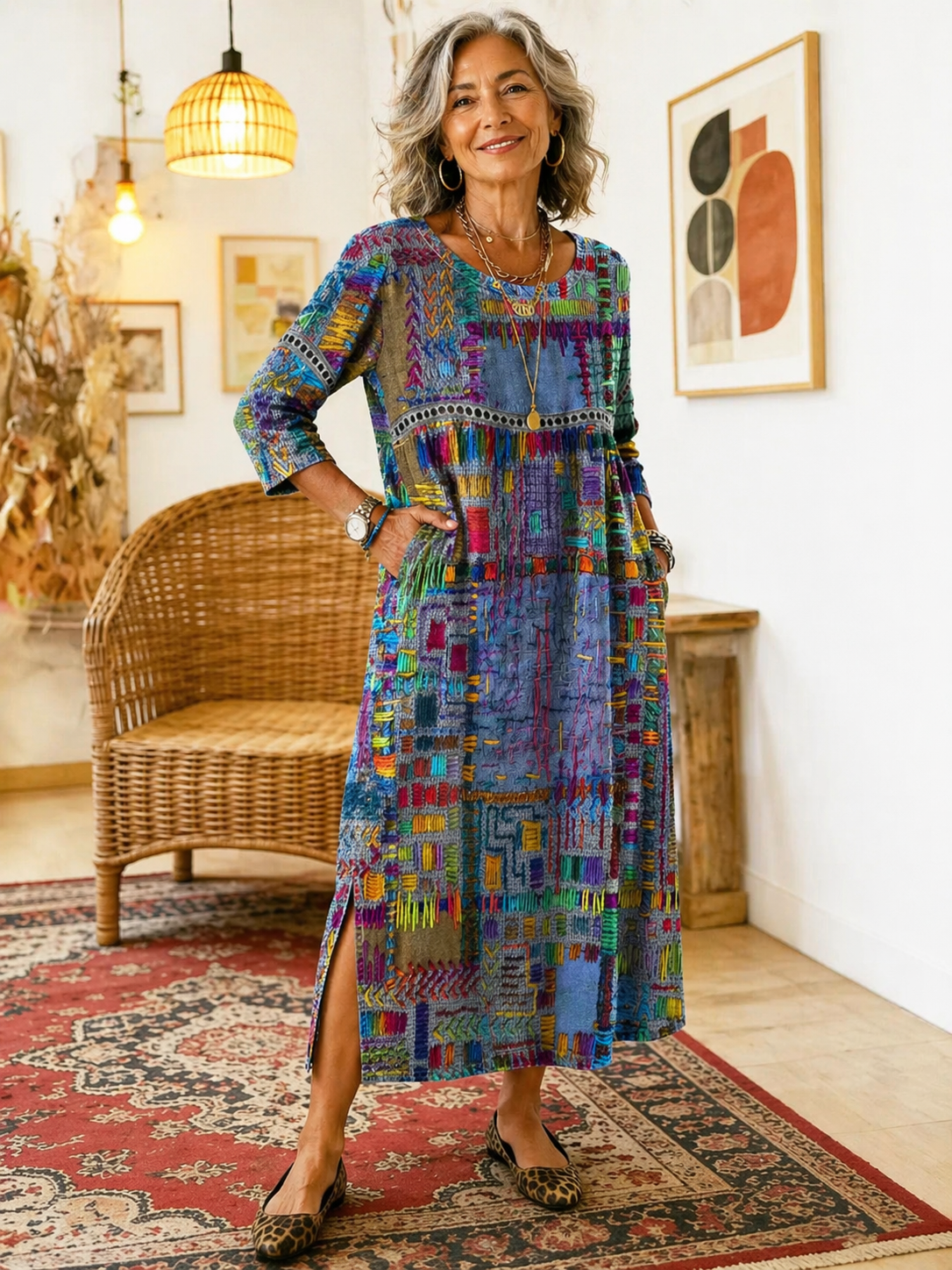 Frondine™ | Patchwork Ethnic Midi Dress