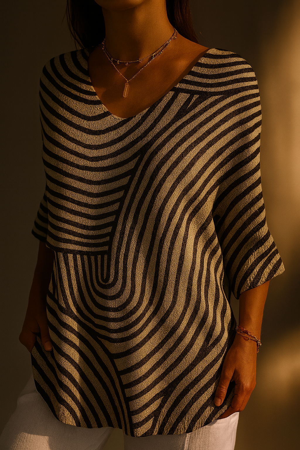 Fioravelle™ | Retro Geometric Art Round Line Print Casual Pullover Top