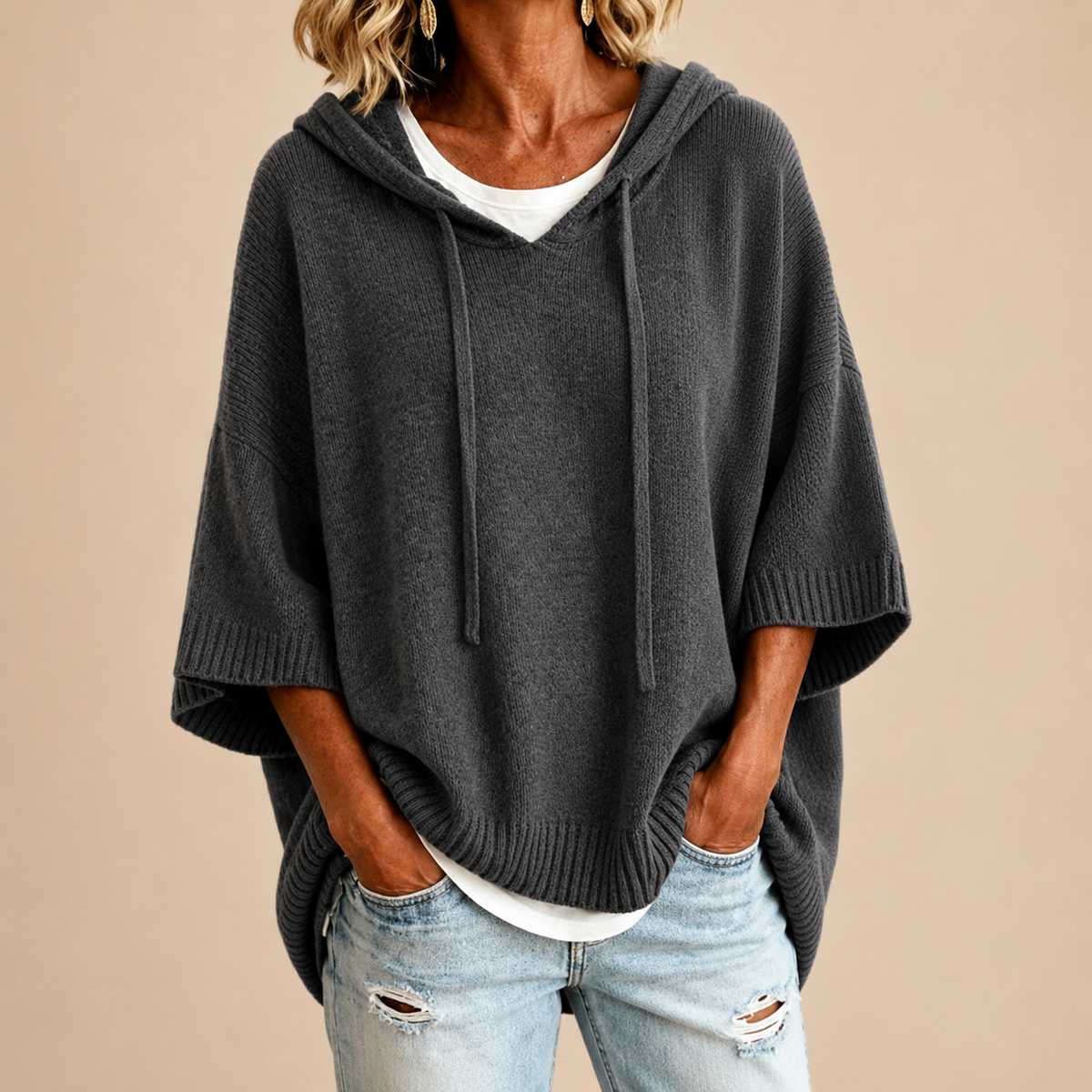 Ottavia | Women's Hooded Poncho Sweater with Three-Quarter Sleeves