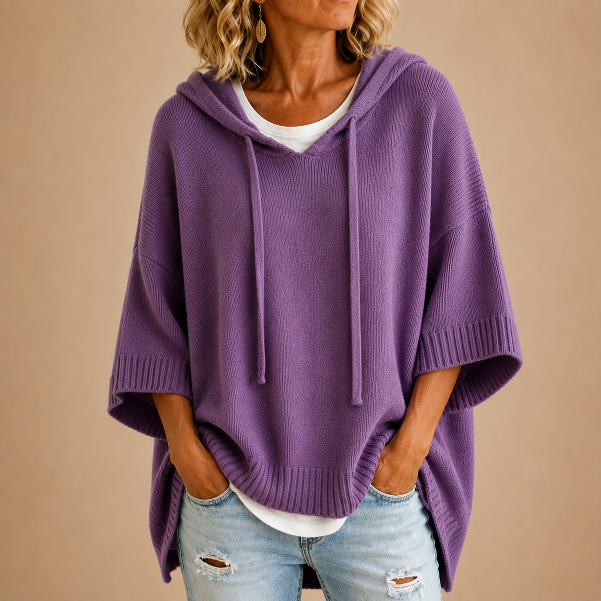 Ottavia | Women's Hooded Poncho Sweater with Three-Quarter Sleeves