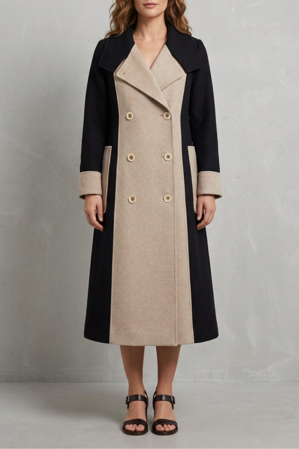 Women's Contrast Color Wool Coat Hepburn Style Elegant Overcoat