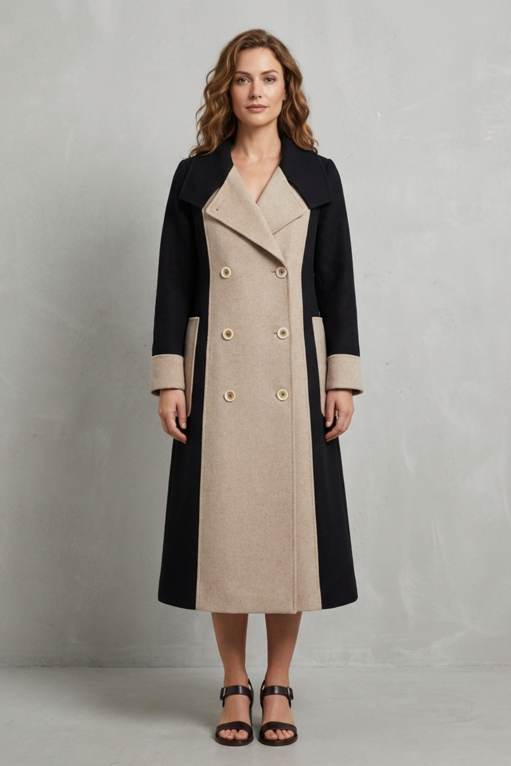 Women's Contrast Color Wool Coat Hepburn Style Elegant Overcoat