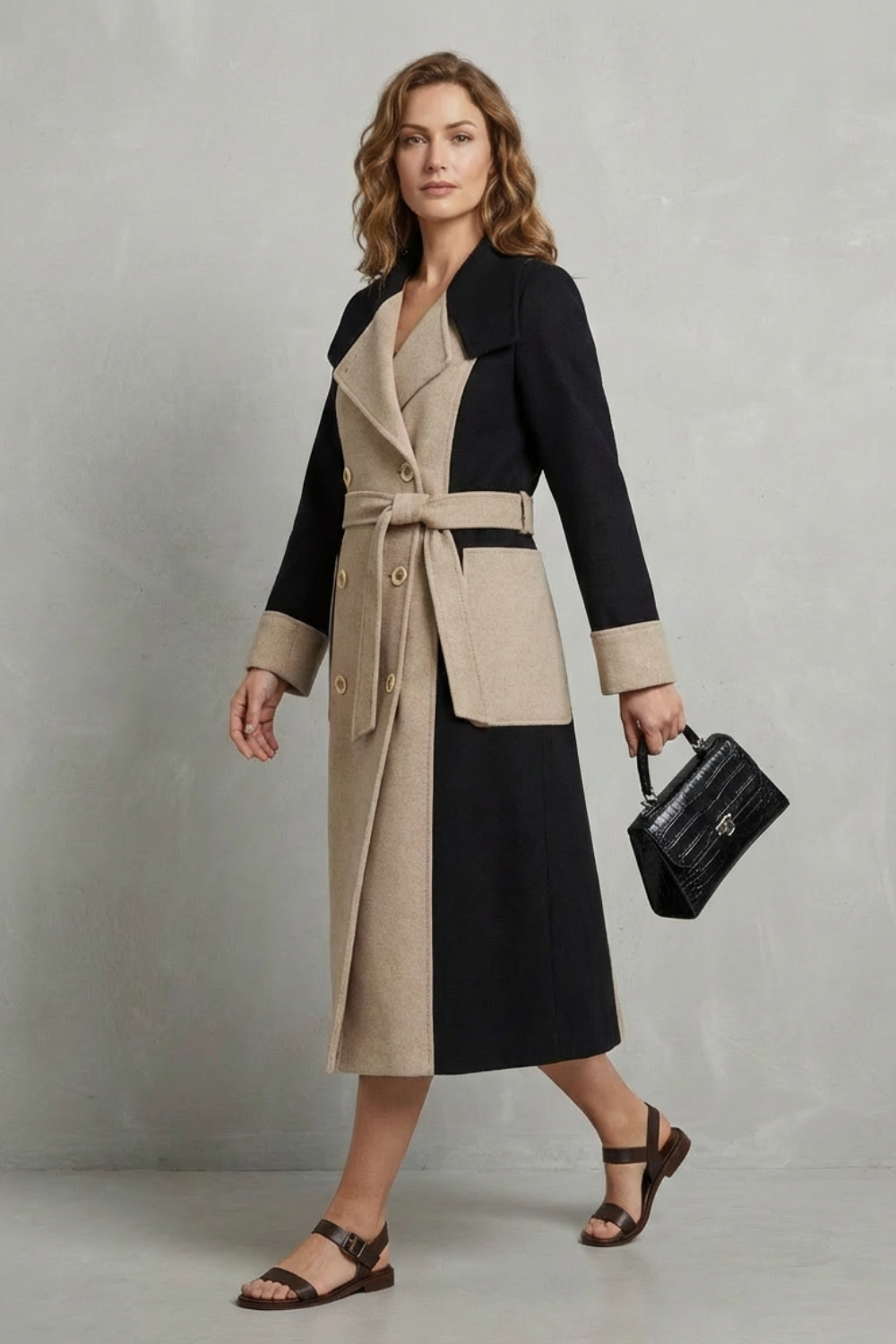 Women's Contrast Color Wool Coat Hepburn Style Elegant Overcoat