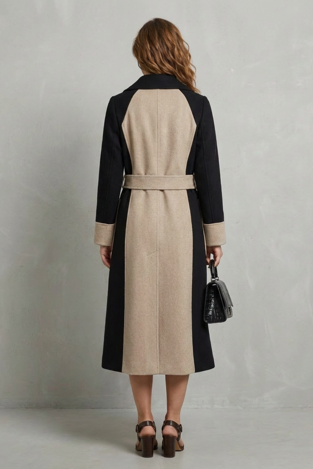 Women's Contrast Color Wool Coat Hepburn Style Elegant Overcoat