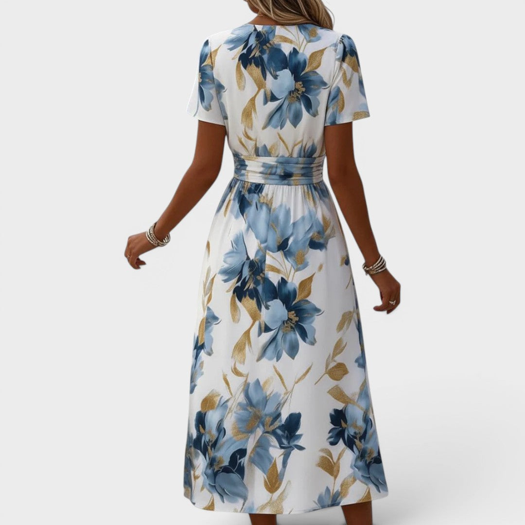 Noelle™ | Watercolor Floral Wrap Waist Midi Dress with Gold Accents