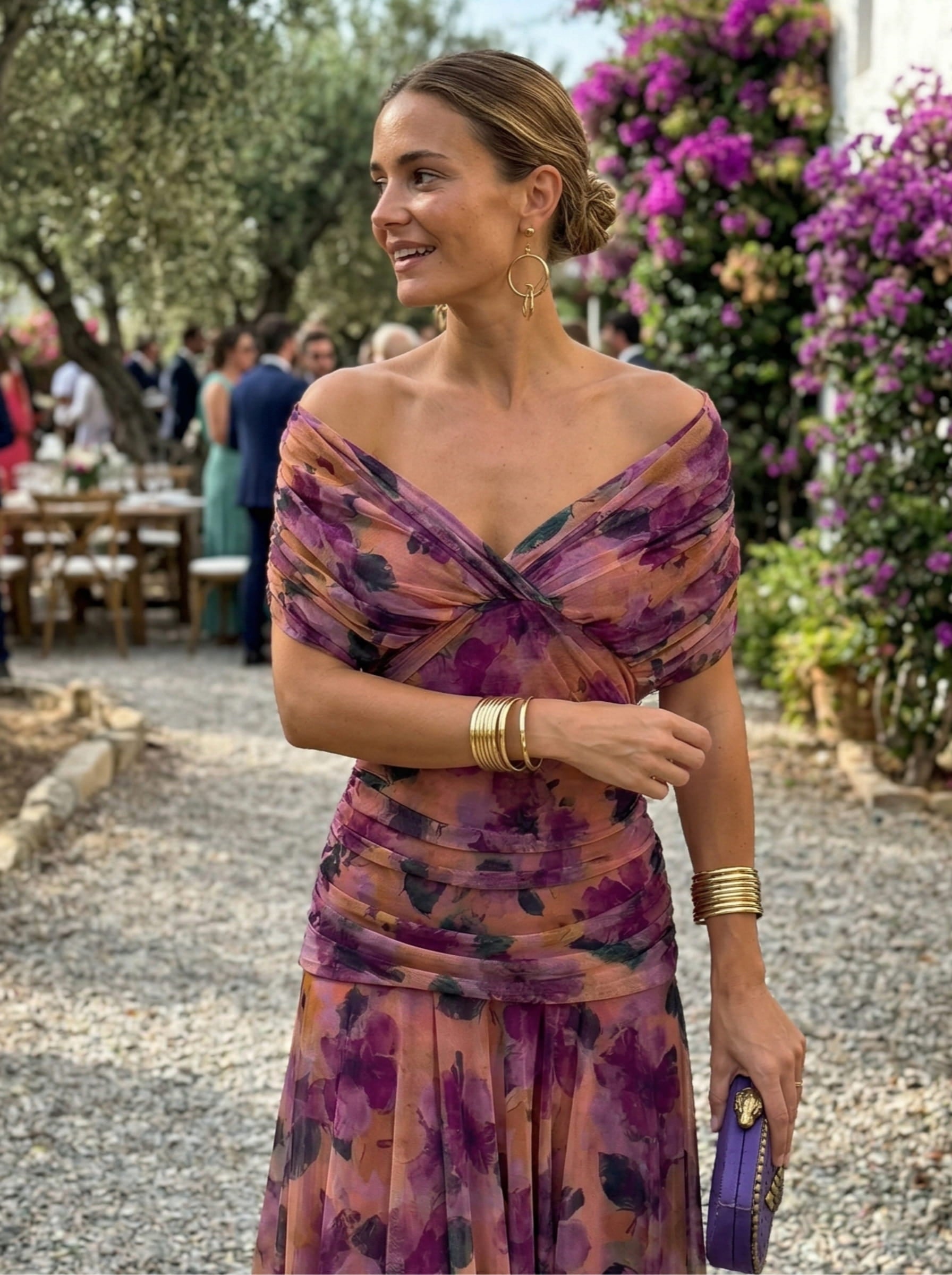 Loraina™ | Floral Long Dress with Draped Off-Shoulder Neckline