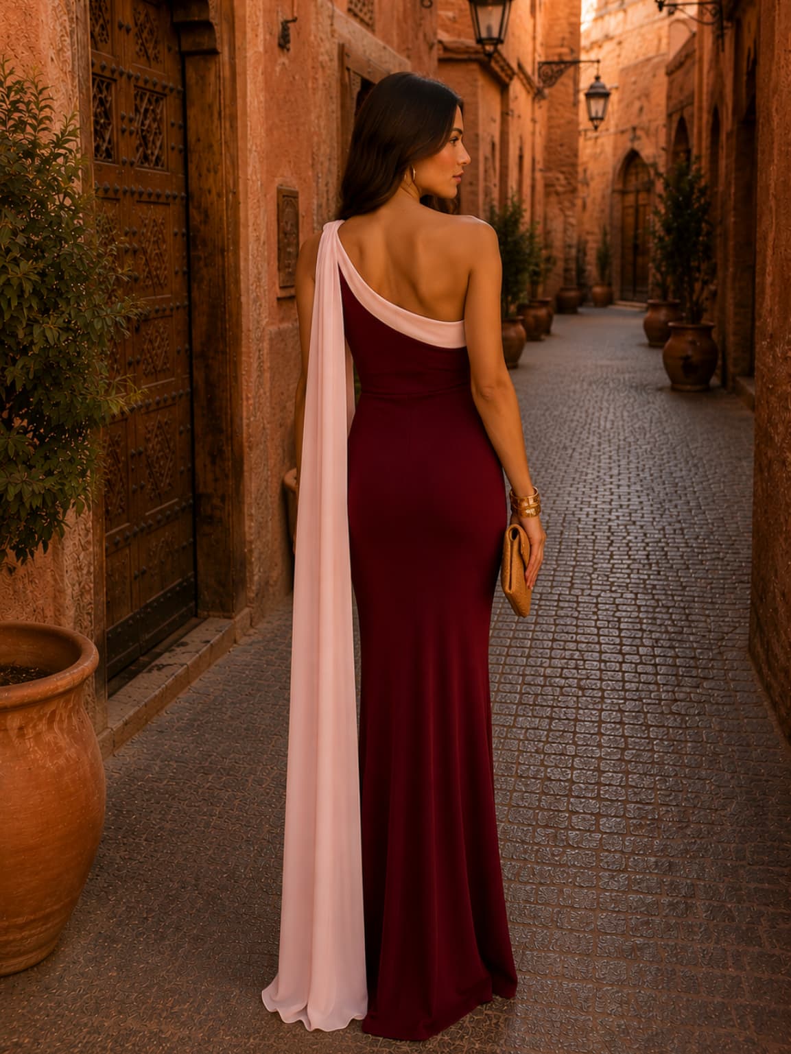 Pavane™ | One-Shoulder Evening Gown with Contrasting Chiffon Detail