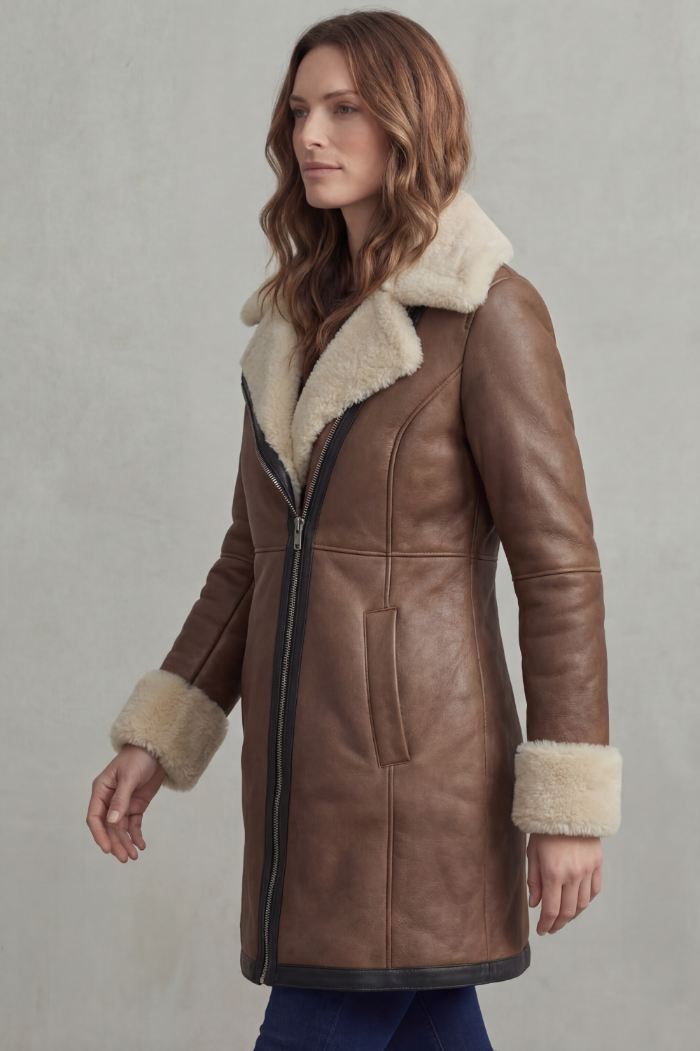 Women's Shearling Collar Leather Winter Coat