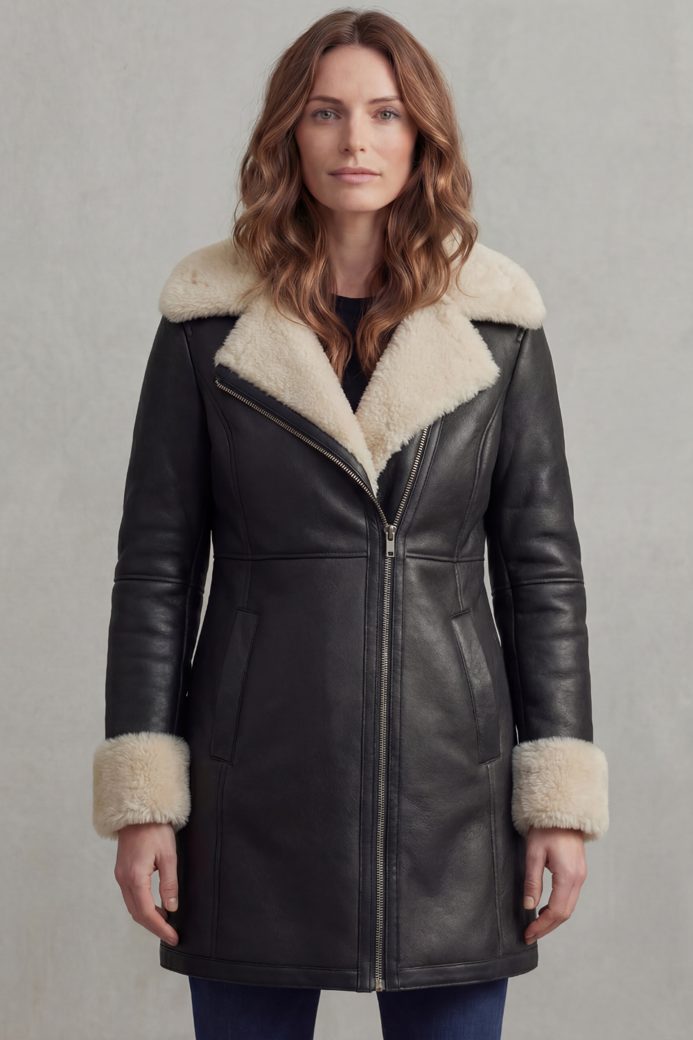 Women's Shearling Collar Leather Winter Coat
