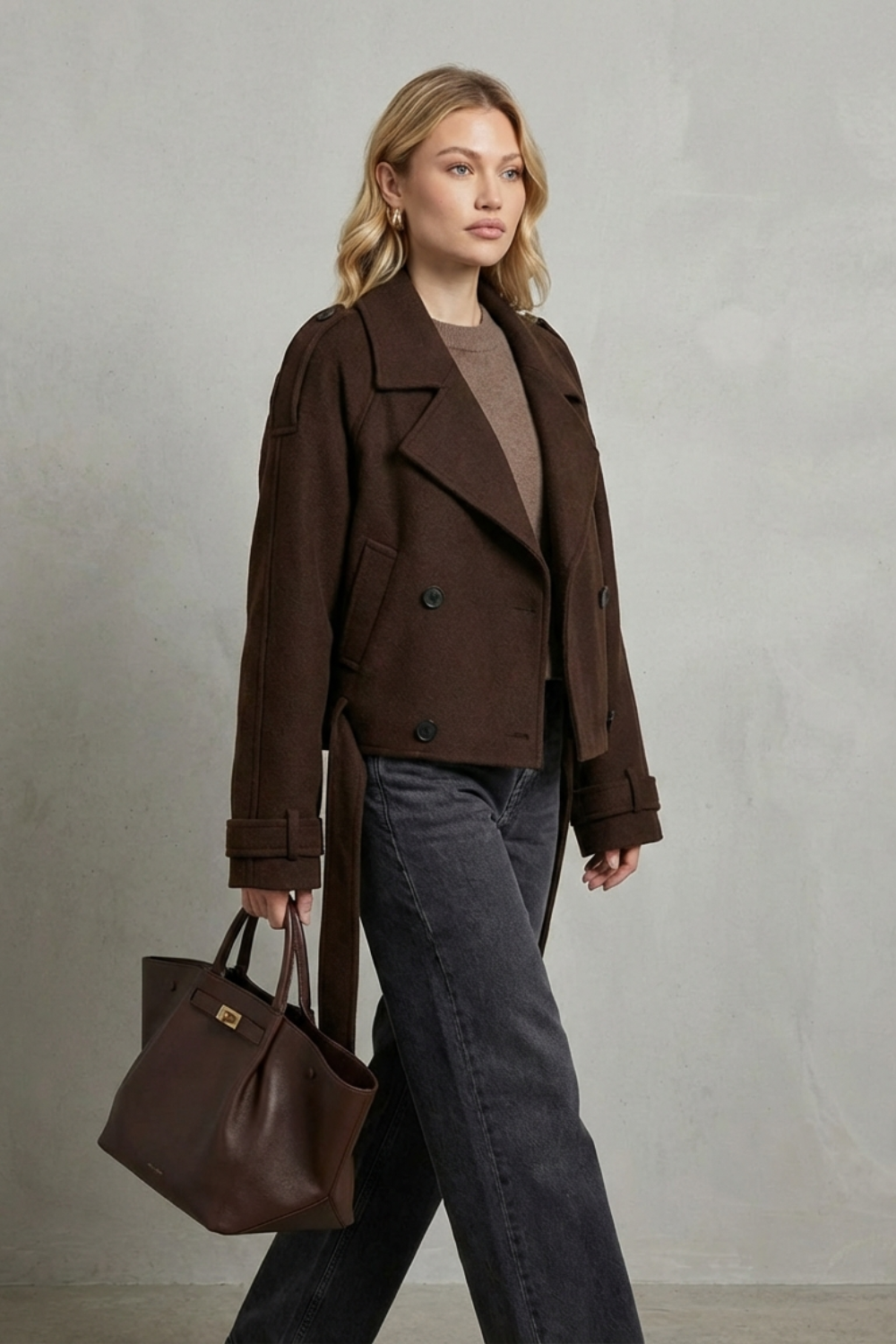 Women's Double-breasted French Woolen Jacket Cropped City Coat
