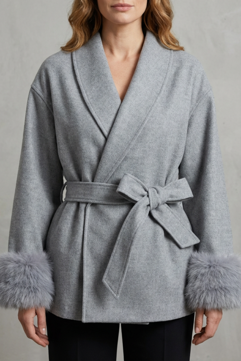 Women's Luxe Woolen Coat with Faux Fur Cuffs & Belted Wrap Design