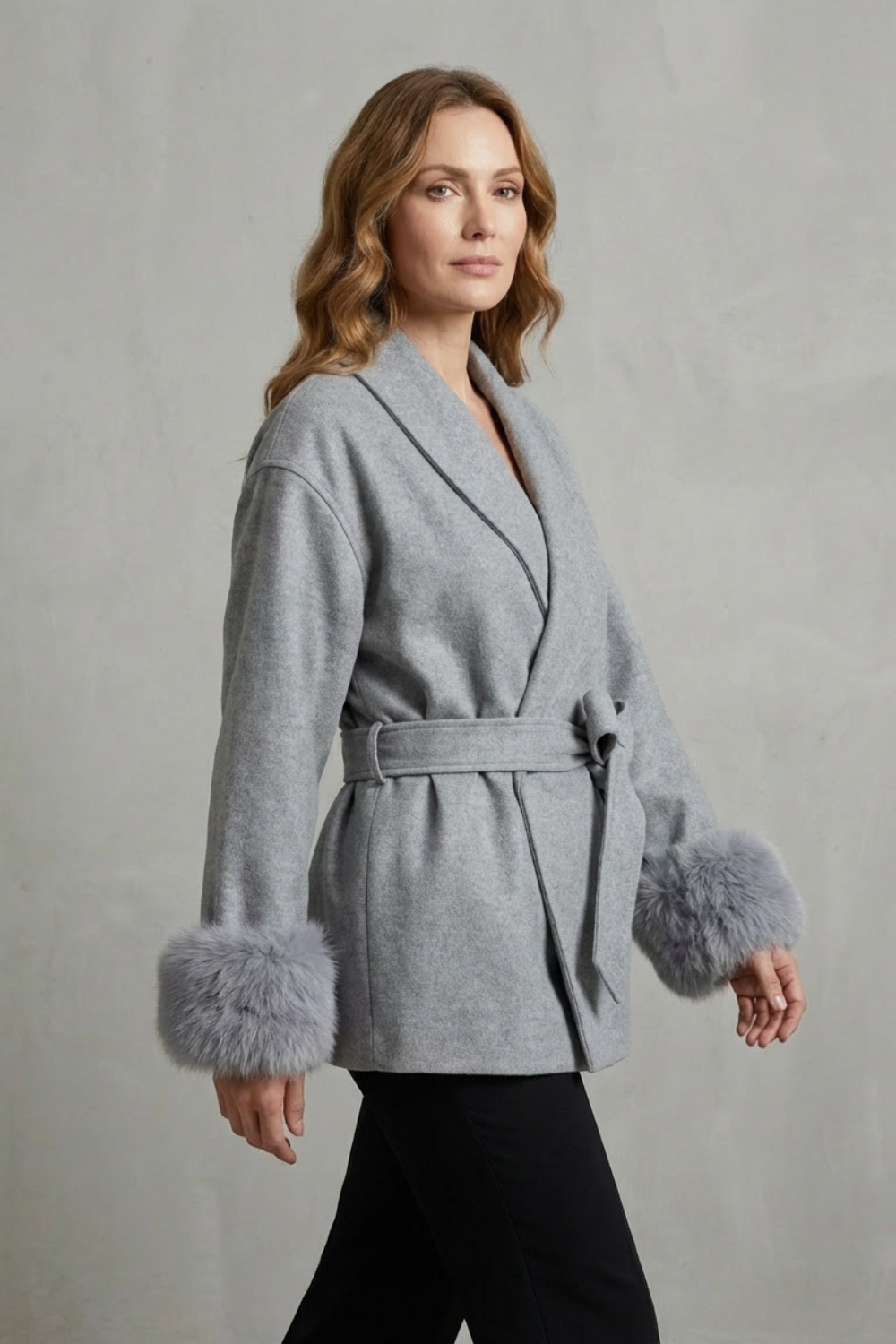 Women's Luxe Woolen Coat with Faux Fur Cuffs & Belted Wrap Design