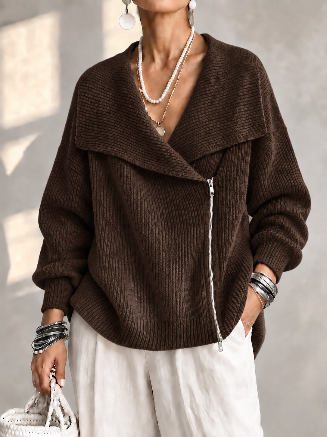 Josiane™ | Wide Collar Two-Way Zip Sweater