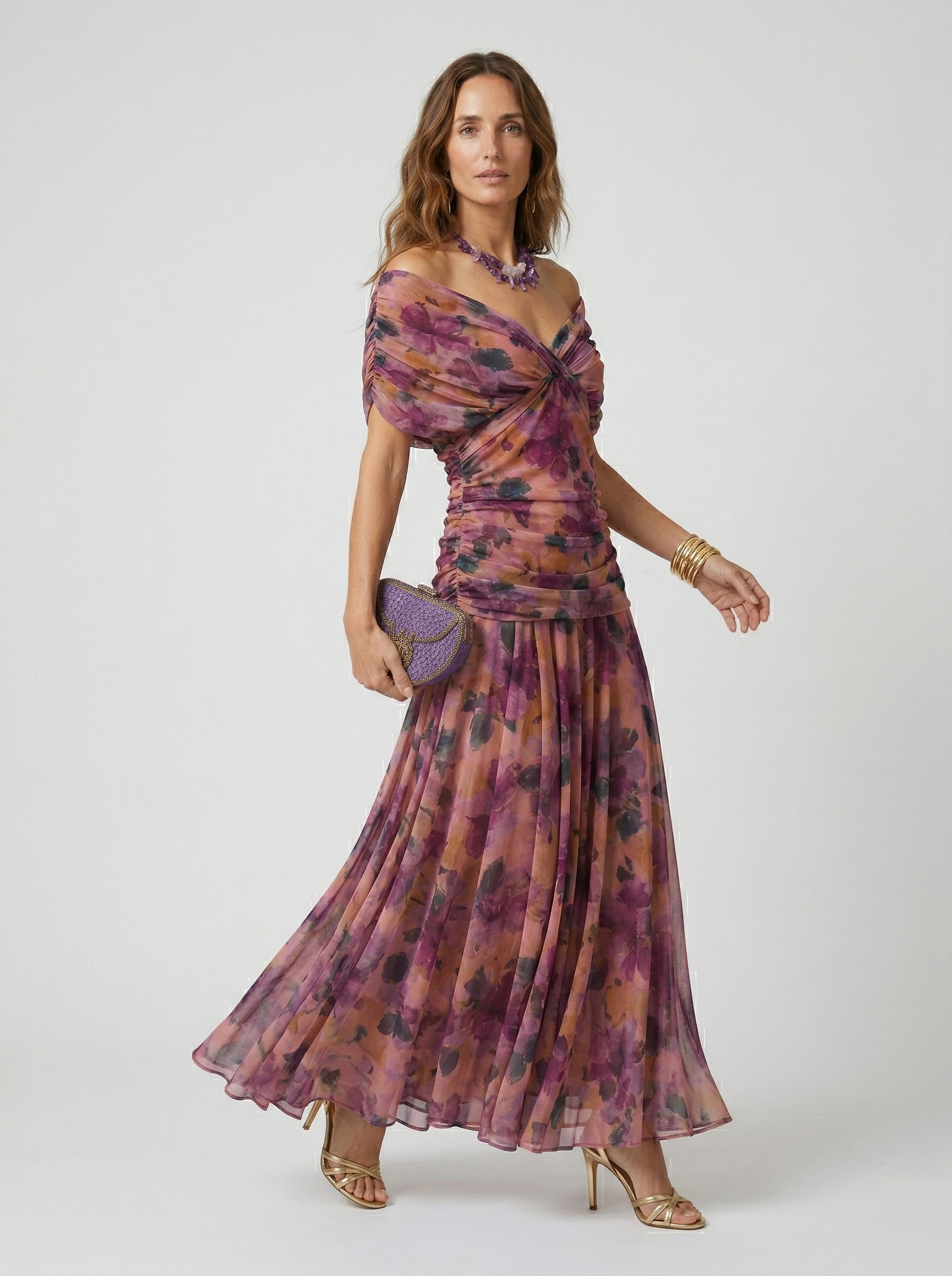 Loraina™ | Floral Long Dress with Draped Off-Shoulder Neckline