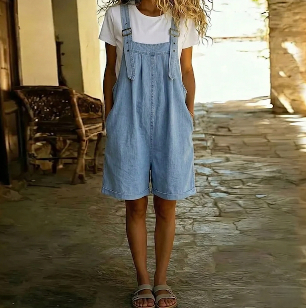 Michelle | Vintage Washed Soft Cotton Feel Denim Short Overall Light blue